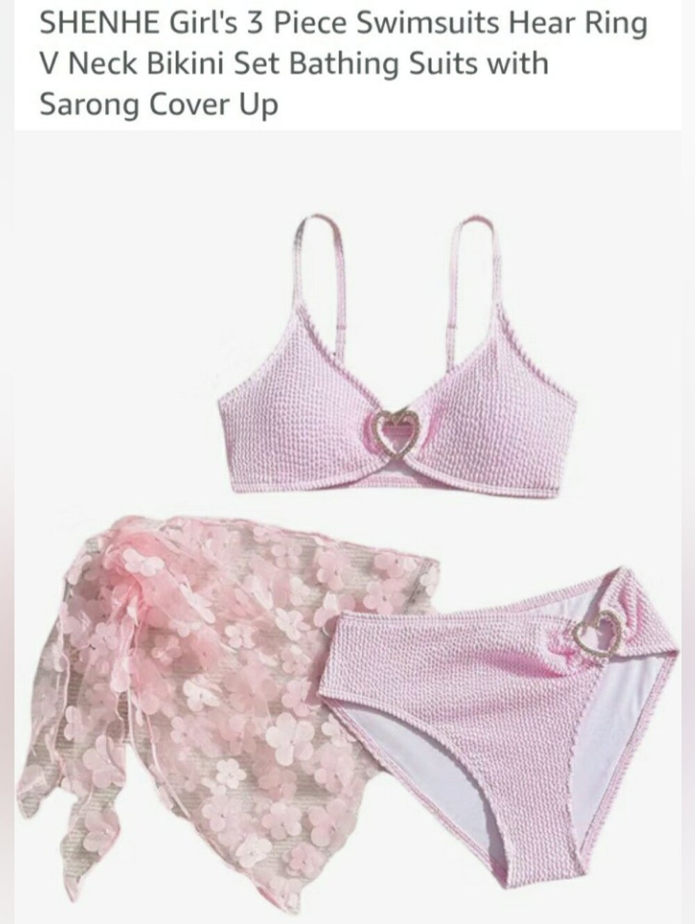 Pink Heart-Accent V-Neck Bikini Set with Floral Sarong